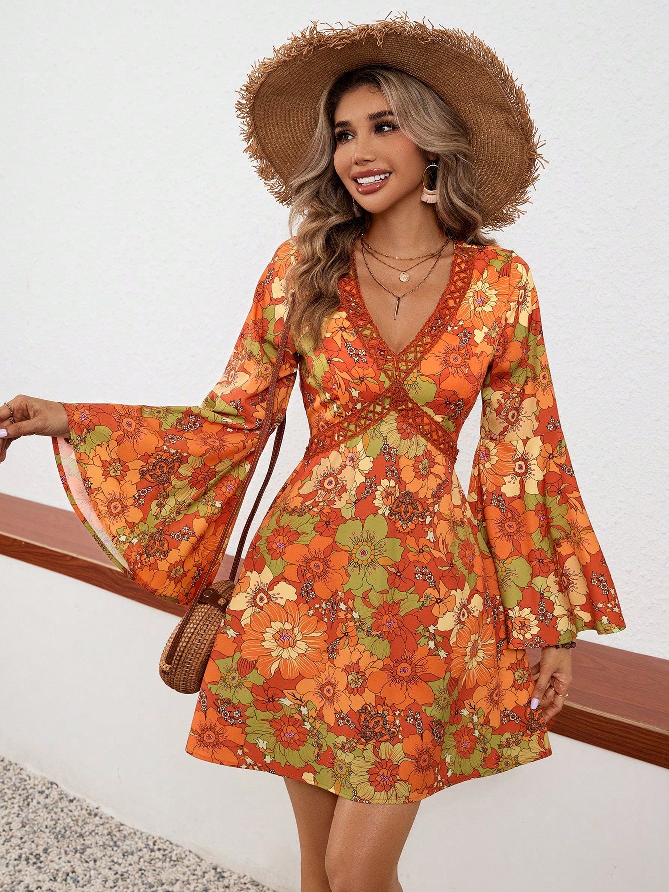 Vintage V-Neck Printed Dress with Bell Sleeves