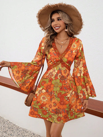 Vintage V-Neck Printed Dress with Bell Sleeves - Perfect Getaway Style   Canary Houze