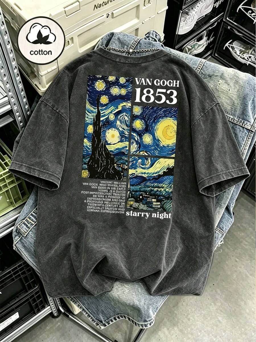 Front view of washed charcoal Van Gogh Starry Night graphic T-shirt with white 1853 chest print