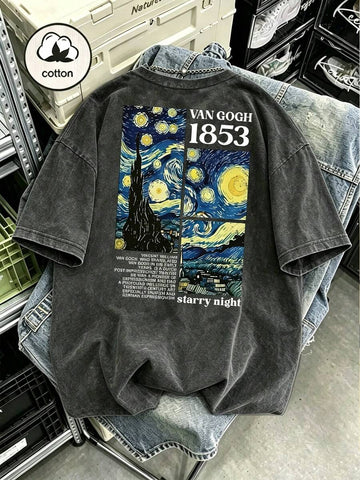Front view of washed charcoal Van Gogh Starry Night graphic T-shirt with white 1853 chest print