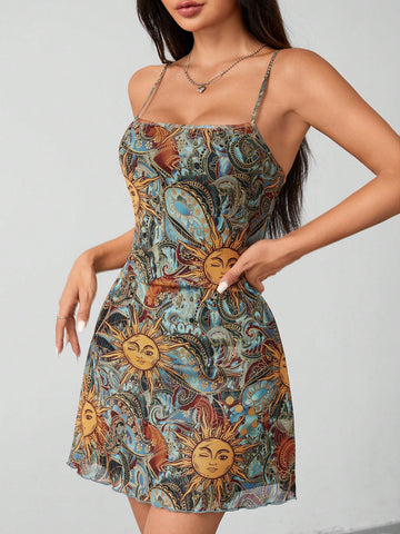 Experience a blast from the past with our Vintage Vibes: Retro Sun Face Print Spaghetti Strap Sundress. With its unique and funky sun face print, this dress is perfect for those who love retro fashion. The lightweight and airy design, along with the adjustable spaghetti straps, make it the perfect choice for any summer outing.