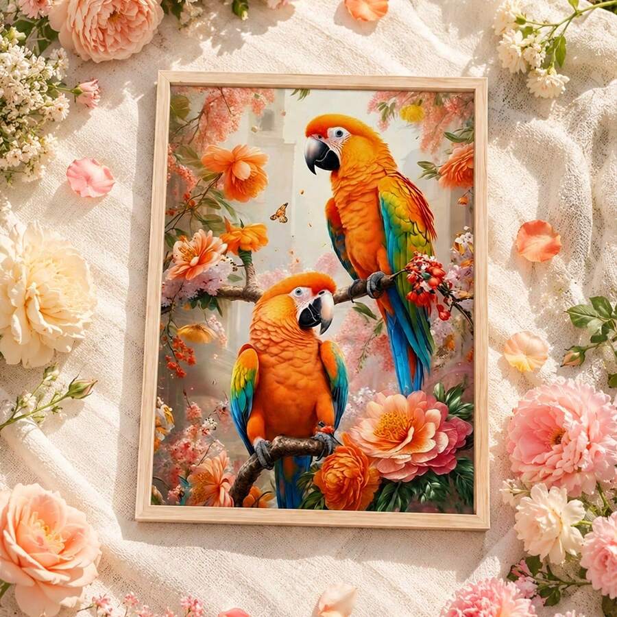 Framed parrot floral print lying on cream fabric with scattered flowers