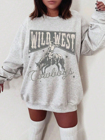 Get ready to wrangle some serious style with our Vintage Western Style Casual Drop Shoulder Sweatshirt for Women. This sweatshirt features a unique vintage western design and comfortable drop shoulder fit that will have you looking stylish and feeling cozy. Yeehaw!
