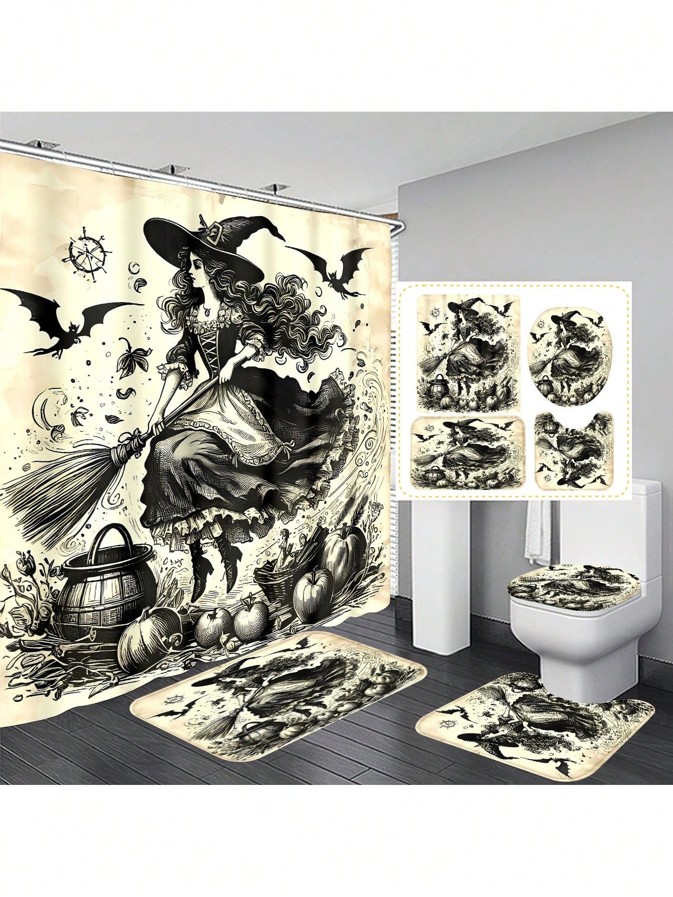 Transform your bathroom into a spooky Halloween haven with our Vintage Witch Skull Bathroom Set. Featuring a spooky shower curtain and coordinating accessories, this set will add the perfect touch of eerie ambiance to your space. Made from high-quality materials for a truly vintage feel.
