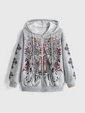 Front view of grey hooded zip-up sweatshirt with cross vine graphic