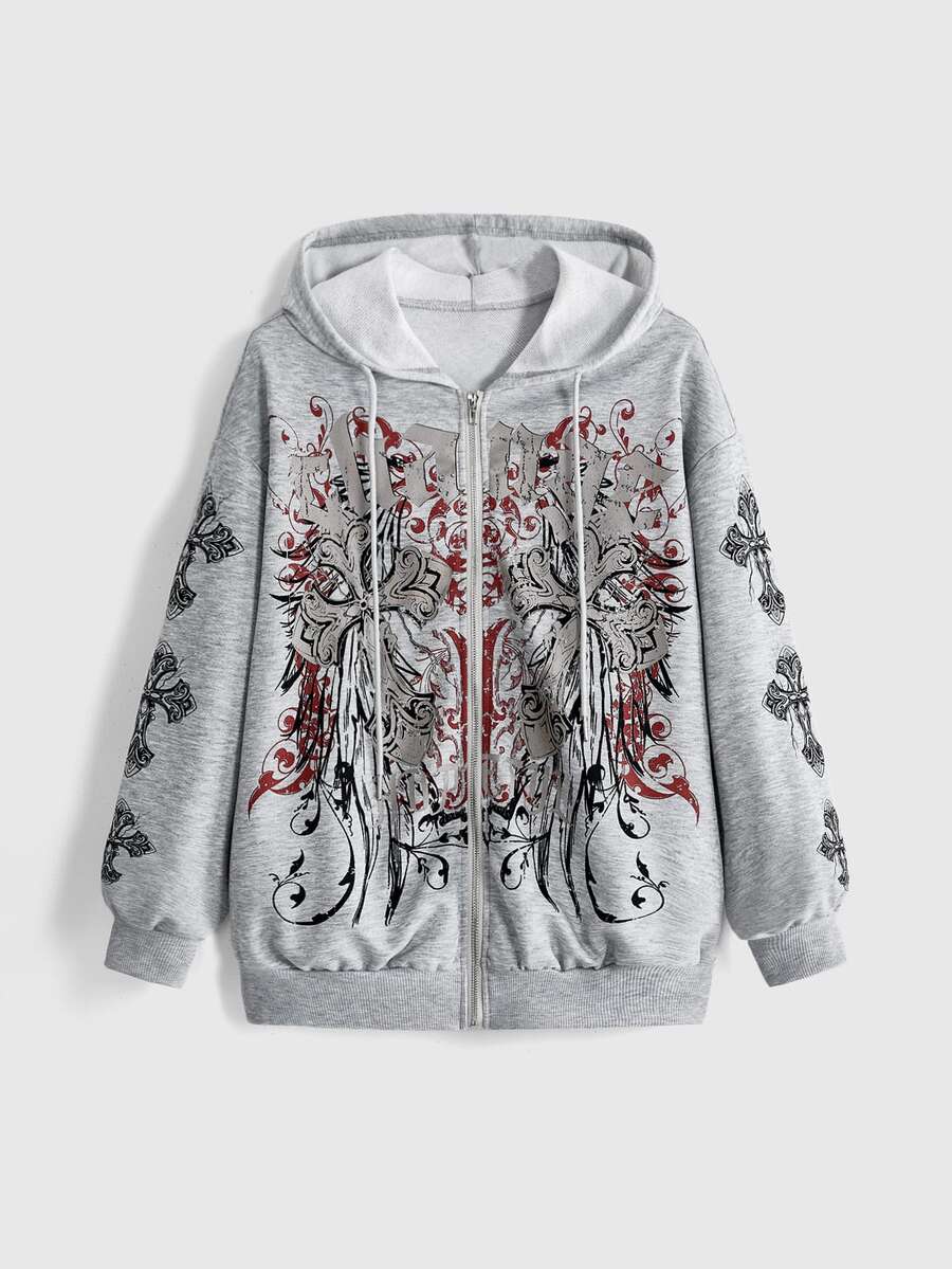 Front view of grey hooded zip-up sweatshirt with cross vine graphic