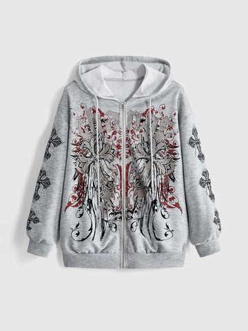 Front view of grey hooded zip-up sweatshirt with cross vine graphic