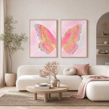 Pastel pink and coral butterfly canvas wall art set
