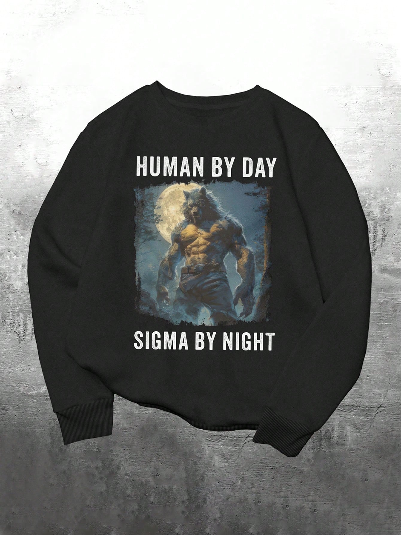 Unleash your inner Sigma with the Werewolf Meme Sweatshirt! Transform from human by day to Sigma by night, and embrace your unique, quirky personality. Made with high-quality materials, this sweatshirt is perfect for showing off your fun and playful side. Get ready to howl with laughter in this one-of-a-kind sweatshirt.