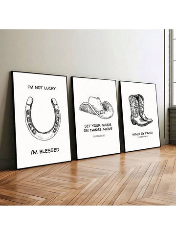 Add a touch of Western serenity to your space with these 3 black and white posters featuring Christian inspirational quotes. Perfect for any room, let these prints remind you to find peace and positivity in your daily life. Turn your walls into a source of inspiration with this charming set.