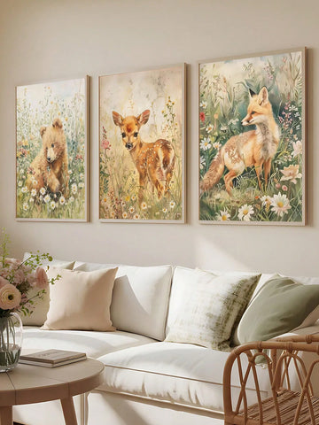 Transform your little one's room into an enchanted forest with this delightful three-piece canvas set. Each panel showcases a lovable woodland character—a curious bear, graceful deer, and clever fox—rendered in soft, whimsical illustrations that spark imagination. Perfect for nurseries, playrooms, or any space craving a touch of nature-inspired charm, these canvases blend playful artistry with gentle colors that complement any décor. Easy to hang and instantly captivating, this set brings the magic of the w