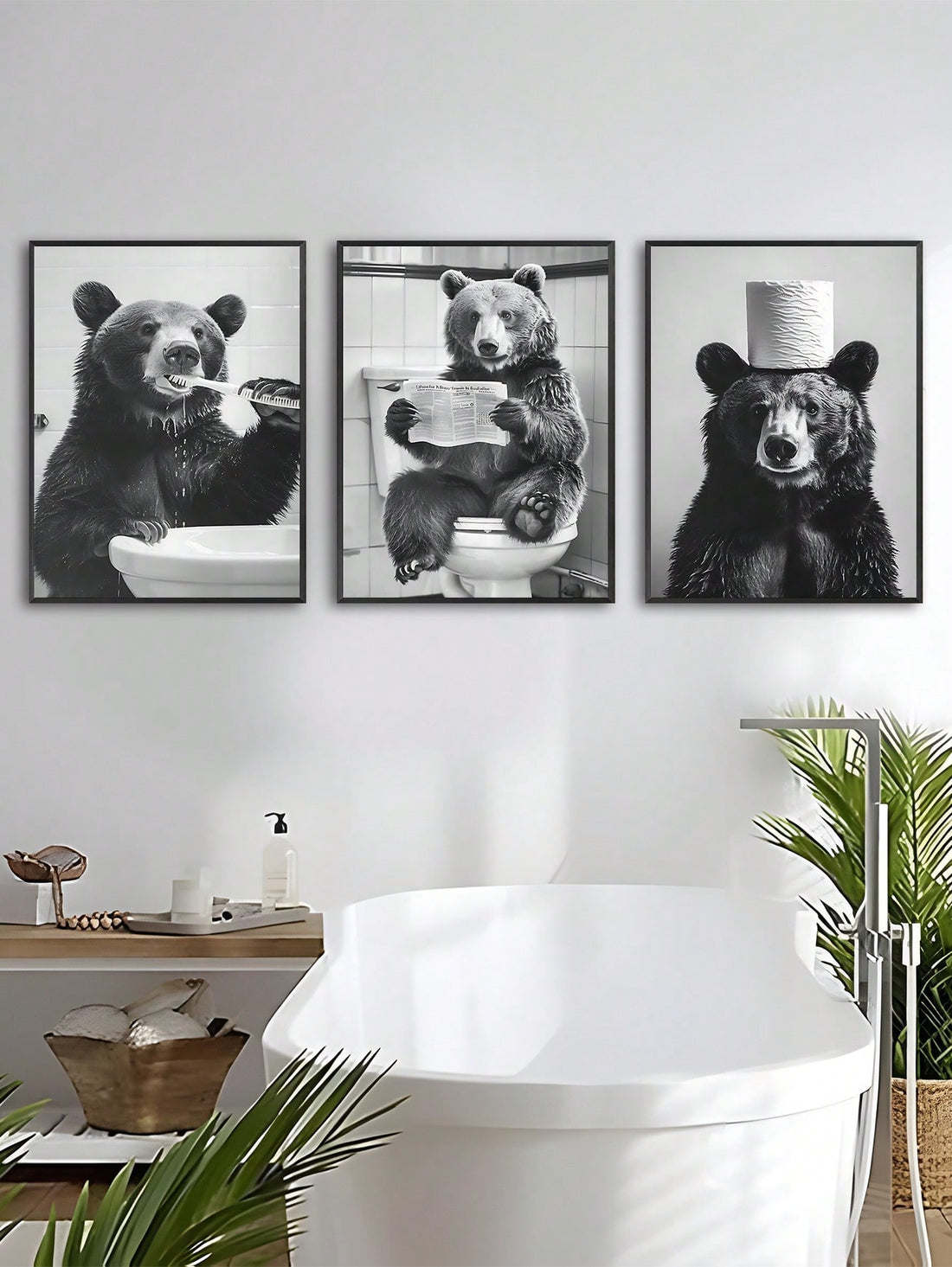 Transform your bathroom into a gallery of giggles with this delightful 3-piece bear art set. Each print features adorable, quirky bears in hilarious bathroom scenarios that'll make guests smile every time they visit. Perfect for adding personality to powder rooms, kids' bathrooms, or anyone who appreciates humor in their home decor. These funny toilet prints bring warmth and whimsy to an often-overlooked space, making them ideal conversation starters and thoughtful gifts for the playful spirit in your life.