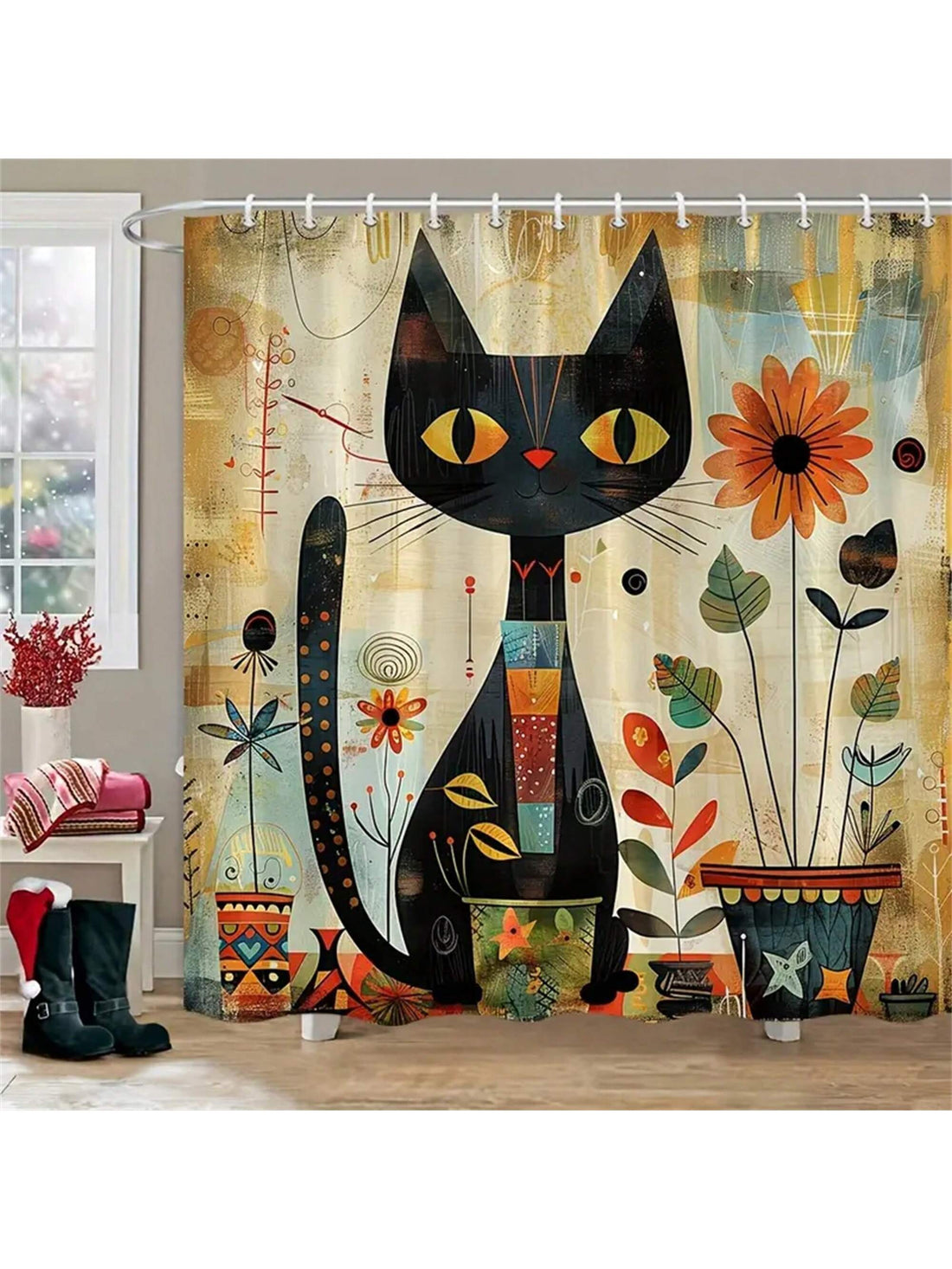 Add some charm to your bathroom with our Whimsical Black Cat and Sunflower Shower Curtain! The vintage watercolor design will bring a playful touch to your space while keeping your bathroom dry. This shower curtain is the purr-fect addition to any cat lover's home.