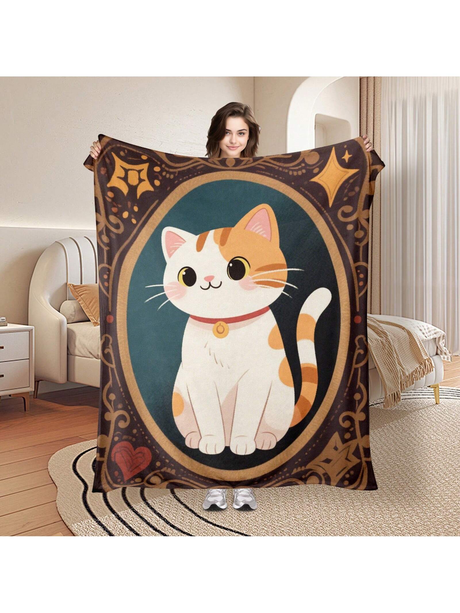 Wrap yourself in charm with this Whimsical Cartoon Cat Blanket featuring a playful bell design. Its cozy digital print adds a fun, lively touch to any room, perfect for cat lovers who want comfort and style in one delightful package.