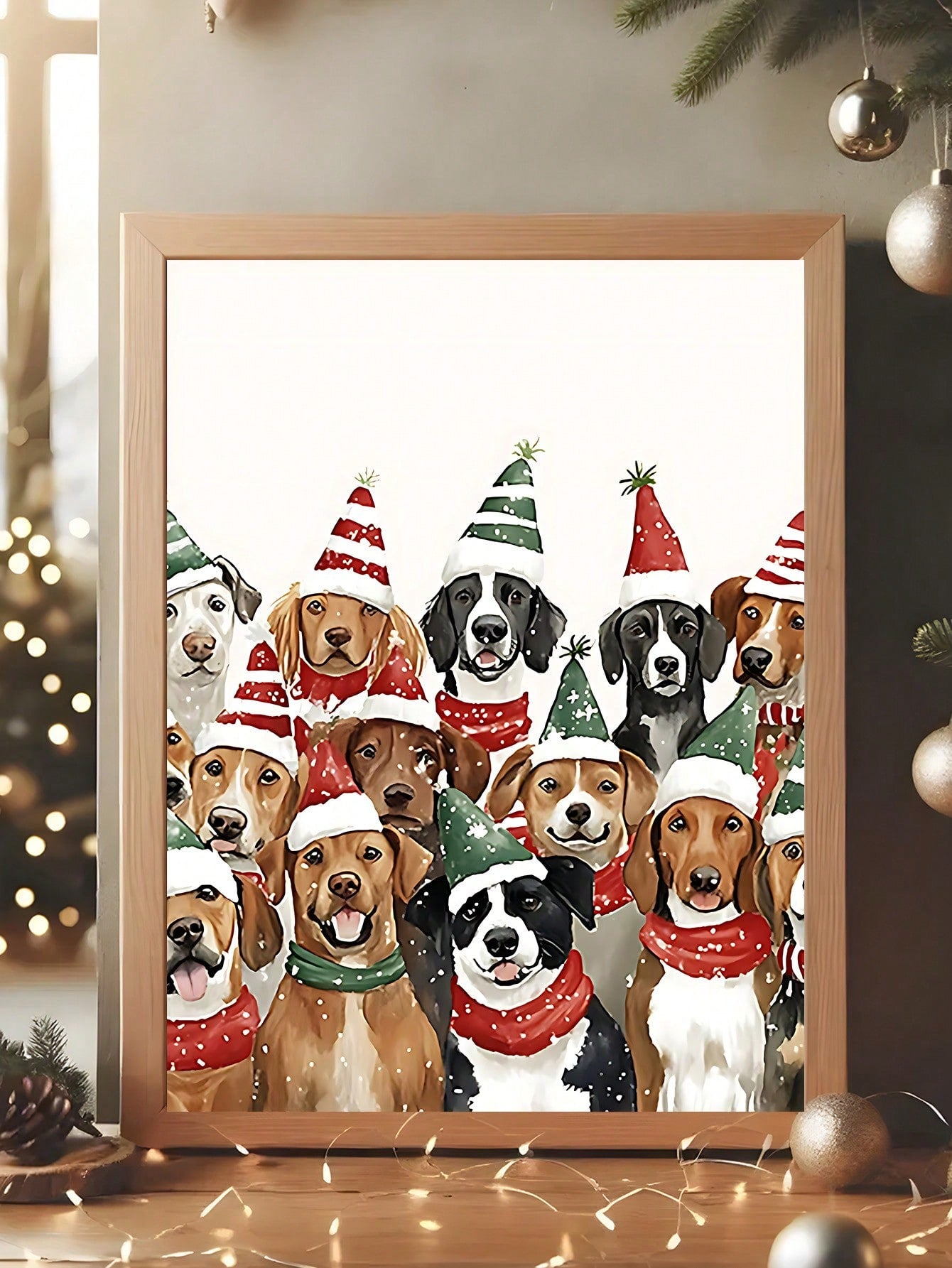 Add a touch of festive cheer to your home with this Whimsical Christmas Dog Poster. Featuring an adorable dog sporting a Santa hat, this playful winter wall art brightens any room with holiday spirit. Perfect for dog lovers and those who enjoy cute, seasonal decor, it brings warmth and joy to your festive celebrations.