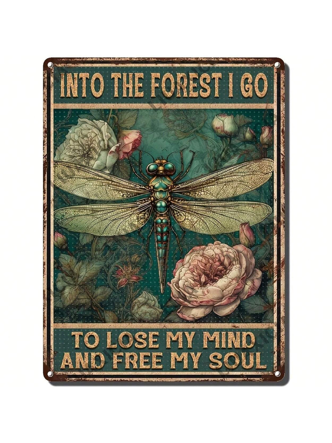 Fly into the whimsical world of this retro tin sign featuring a dragonfly and inspiring phrase, "Into The Forest: What If I Fall?" Perfect for adding charm to your garden, bar, or outdoor decor. Don't fall for boring wall art, spruce up your space with this charming piece.