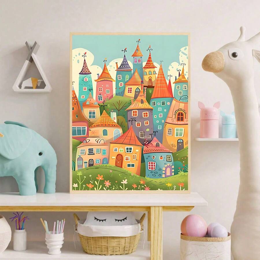Transform your child's room into an enchanted storybook world with this whimsical fairy tale village wall art. Featuring vibrant, colorful illustrations of charming cottages, magical forests, and storybook characters, this 2D design brings imagination to life. Perfect for nurseries, bedrooms, and playrooms, this cheerful artwork appeals to both boys and girls. The non-woven fabric material is durable and easy to install, making it an ideal gift for baby showers, birthdays, or any special occasion. 