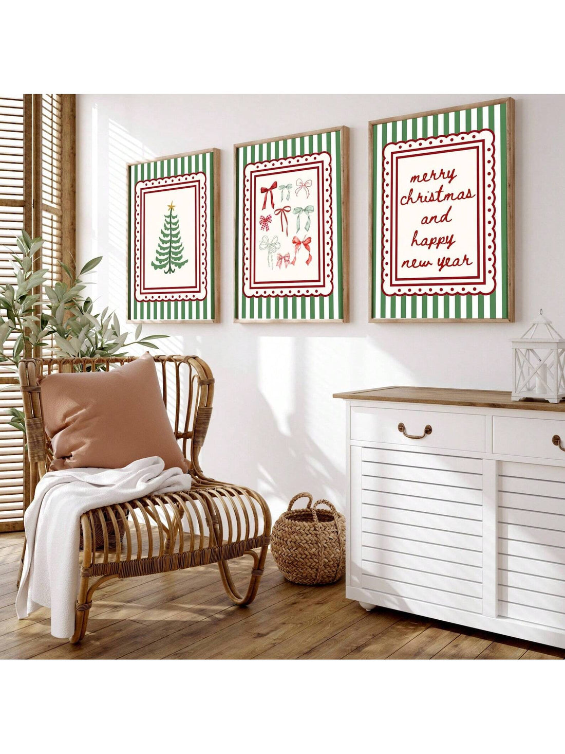 Transform your space into a holiday wonderland with this charming frameless Christmas wall art set! Featuring delightful vintage-inspired designs with classic green stripes, these festive prints bring nostalgic warmth and whimsical character to any room. Perfect for creating an eclectic gallery wall or mixing and matching throughout your home, this collection captures the magic of the season with a playful twist. Easy to display and endlessly versatile, these prints are your ticket to holiday cheer that fee