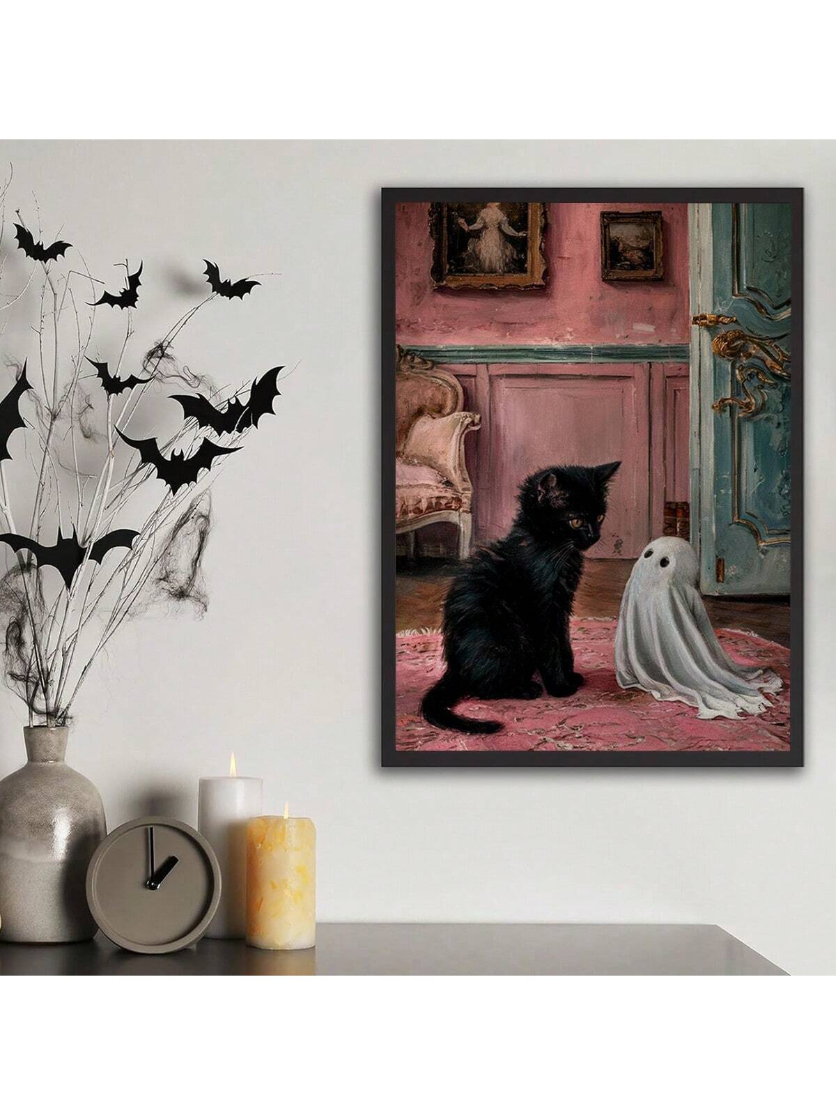 Add a touch of playful charm to your Halloween decor with this Whimsical Ghost and Kitten Canvas Wall Art. Featuring a cute ghost and curious kitten, this artwork brings a fun and festive spirit to any room. Perfect for creating a cozy, spooky atmosphere that delights both kids and adults alike. Easy to hang and sure to spark smiles throughout the season!
