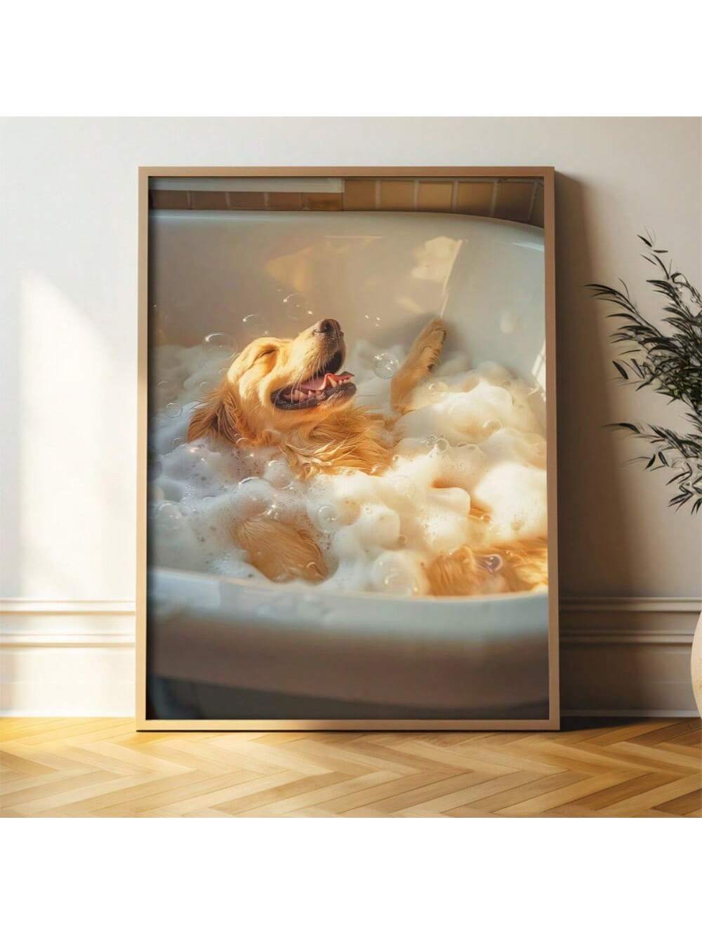 Add a splash of fun to any room with this Whimsical Golden Retriever Bubble Bath Canvas Art. Featuring a cheerful retriever surrounded by bubbly joy, this playful piece brings warmth and lighthearted charm to your home or office. Perfect for dog lovers, it brightens your space with a touch of happiness and innocence.