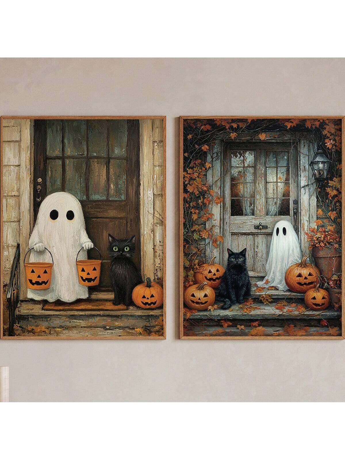 Add a touch of spooky fun to your space with this whimsical Halloween canvas art featuring a playful ghost and a curious black cat. Ready to hang, it brings charming fall vibes and festive spirit to any room. Perfect for creating a lighthearted Halloween atmosphere that delights both kids and adults alike.