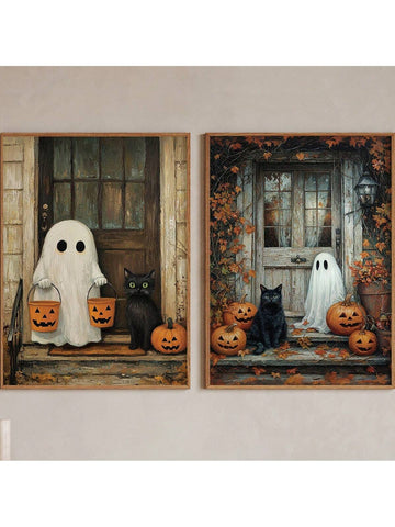 Add a touch of spooky fun to your space with this whimsical Halloween canvas art featuring a playful ghost and a curious black cat. Ready to hang, it brings charming fall vibes and festive spirit to any room. Perfect for creating a lighthearted Halloween atmosphere that delights both kids and adults alike.