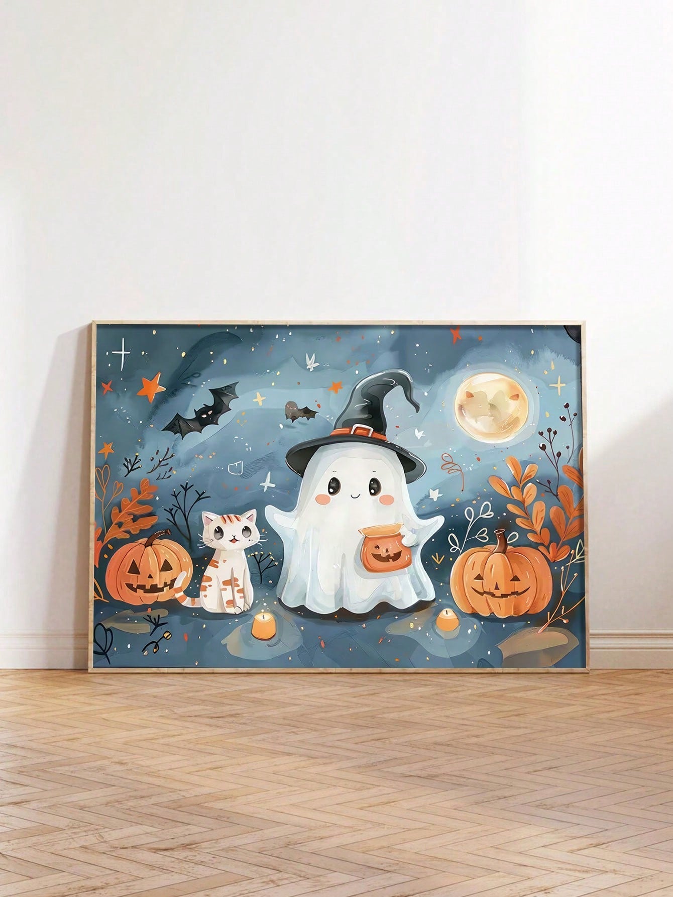This Whimsical Halloween Canvas Poster features a playful design of a cat and ghost, perfect for adding a touch of holiday charm to any room. Made with high-quality canvas material, it adds a unique and spooky touch to your Halloween decor. Enhance your space with this fun and festive poster.