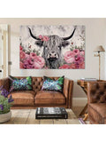 Pink rose Highland cow art with gray shaggy cow and wide horns