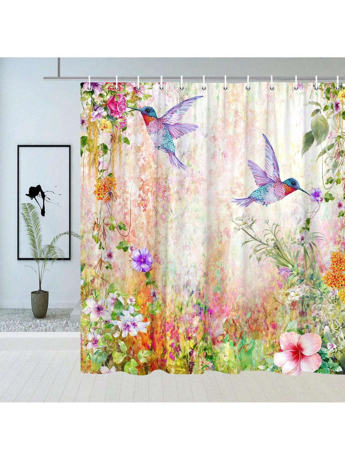 Transform your bathroom into a whimsical oasis with our Hummingbird & Floral Shower Curtain. Featuring a romantic pastoral theme, this abstract decor adds a touch of playfulness to your daily routine. So go ahead, let your inner free spirit thrive (and maybe even sing along with the hummingbirds!).