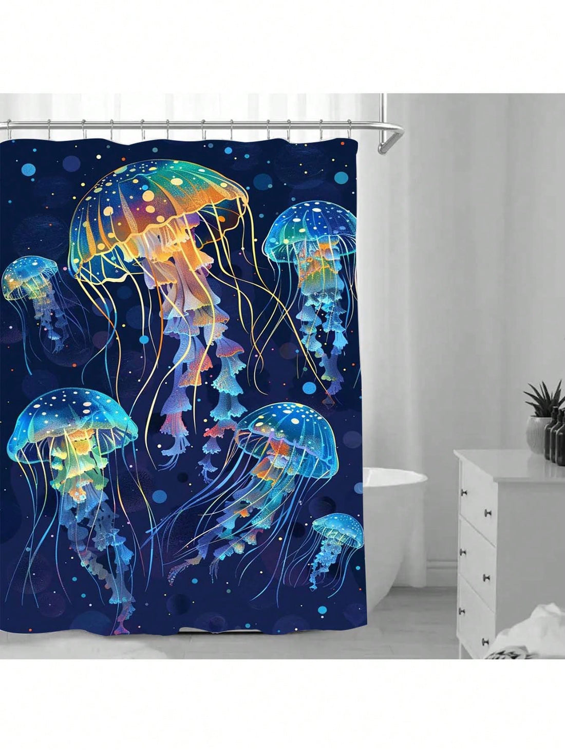 Add a touch of whimsy to your bathroom with our waterproof shower curtain featuring charming jellyfish. Made from stylish fabric, this curtain will not only keep your bathroom dry but also elevate its decor. Dive into the fun with this playful and practical addition to your bathroom!