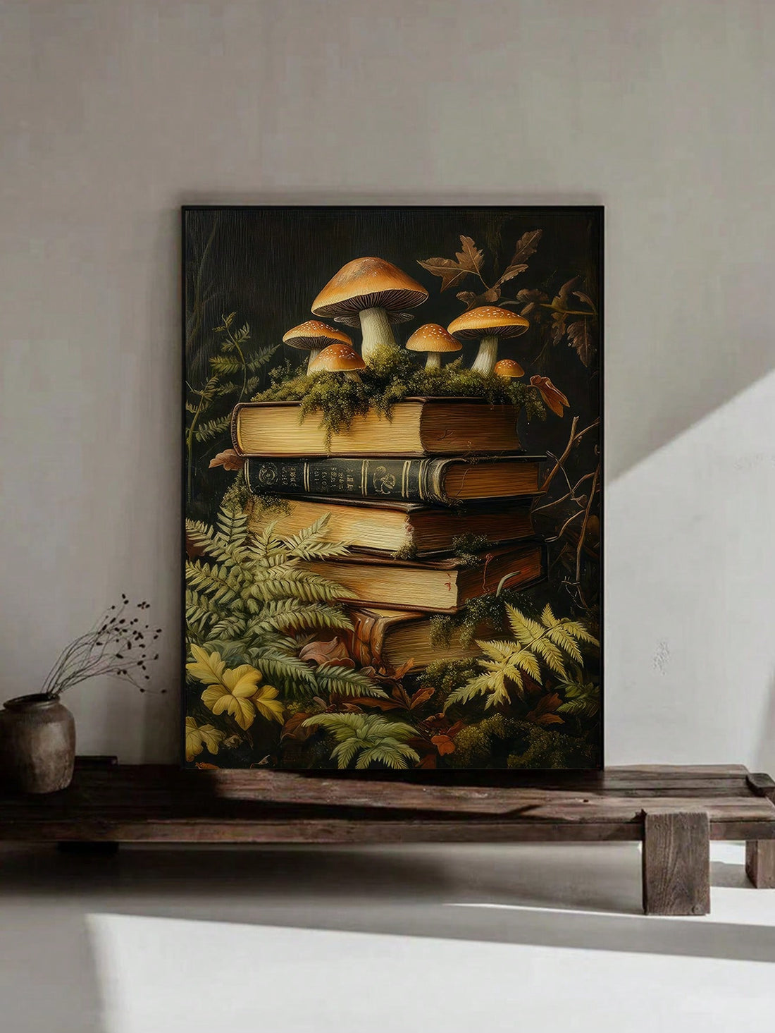 Add a touch of whimsy to your home with this Vintage-Inspired Canvas Art Print featuring a charming mushroom and books design. This frameless wall decor is perfect for contemporary spaces, bringing a playful and unique element to any room.
