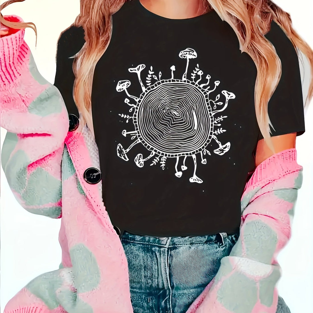 Stay stylish and comfortable with our Whimsical Mushroom Print Casual Tee. Made with short sleeves, this top is perfect for any casual outing. With unique mushroom print, stand out in style. Comfortable and trendy - perfect for any woman. Get it now and elevate your wardrobe!