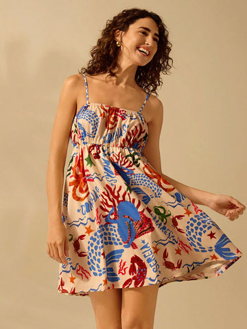Make a splash in this Whimsical Ocean-Inspired Sundress. Featuring a playful tie-up detail, this sleeveless mini dress is perfect for a day at the beach or a summer soirée. With its unique design and vibrant colors, you'll be sure to turn heads and feel like a breath of fresh ocean air!
