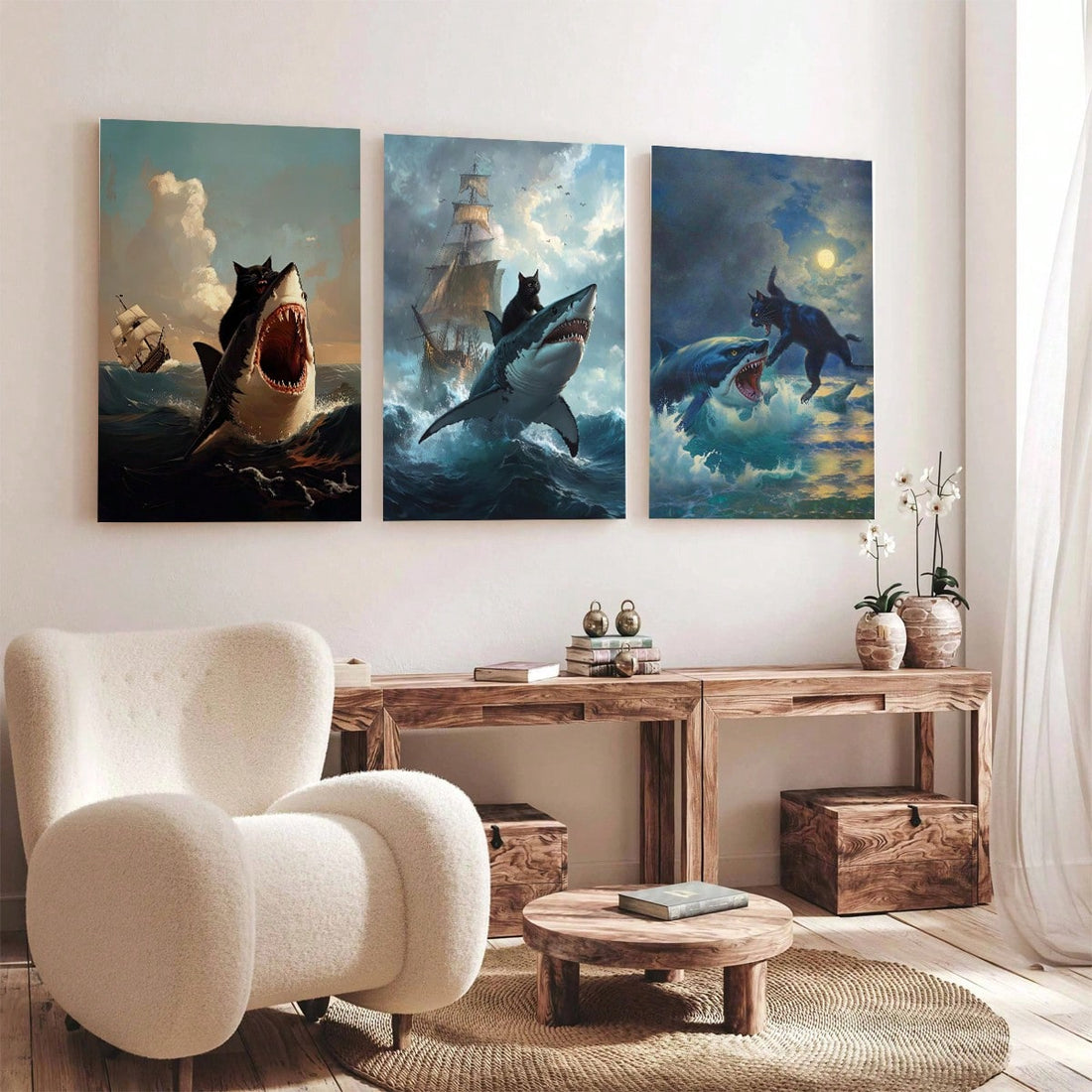 Add a whimsical touch to your home decor with our Renaissance Cat vs Shark Canvas Art Set. Featuring unique posters that are sure to delight any animal lover, this set adds a playful and fun vibe to any room. A purr-fect addition to your collection!