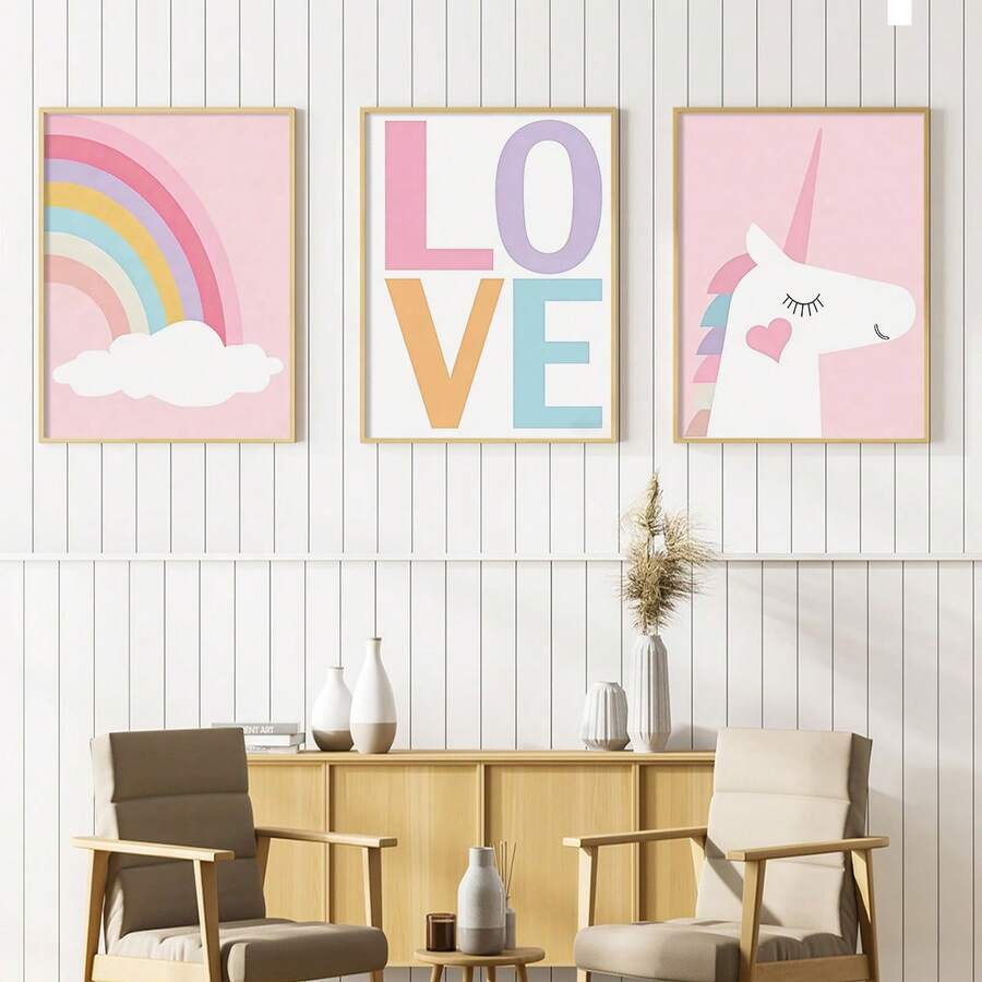Transform your child's room into a magical wonderland with this enchanting 3-piece unicorn canvas set. Each print features vibrant purple stripes and dreamy pink rainbows that spark imagination and joy. The non-woven fabric construction ensures durability and easy hanging, making it perfect for kids' bedrooms, nurseries, or playrooms. Ideal for boys and girls alike, this whimsical collection celebrates creativity and wonder. Whether you're decorating for a birthday, baby shower