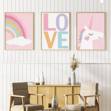 Transform your child's room into a magical wonderland with this enchanting 3-piece unicorn canvas set. Each print features vibrant purple stripes and dreamy pink rainbows that spark imagination and joy. The non-woven fabric construction ensures durability and easy hanging, making it perfect for kids' bedrooms, nurseries, or playrooms. Ideal for boys and girls alike, this whimsical collection celebrates creativity and wonder. Whether you're decorating for a birthday, baby shower