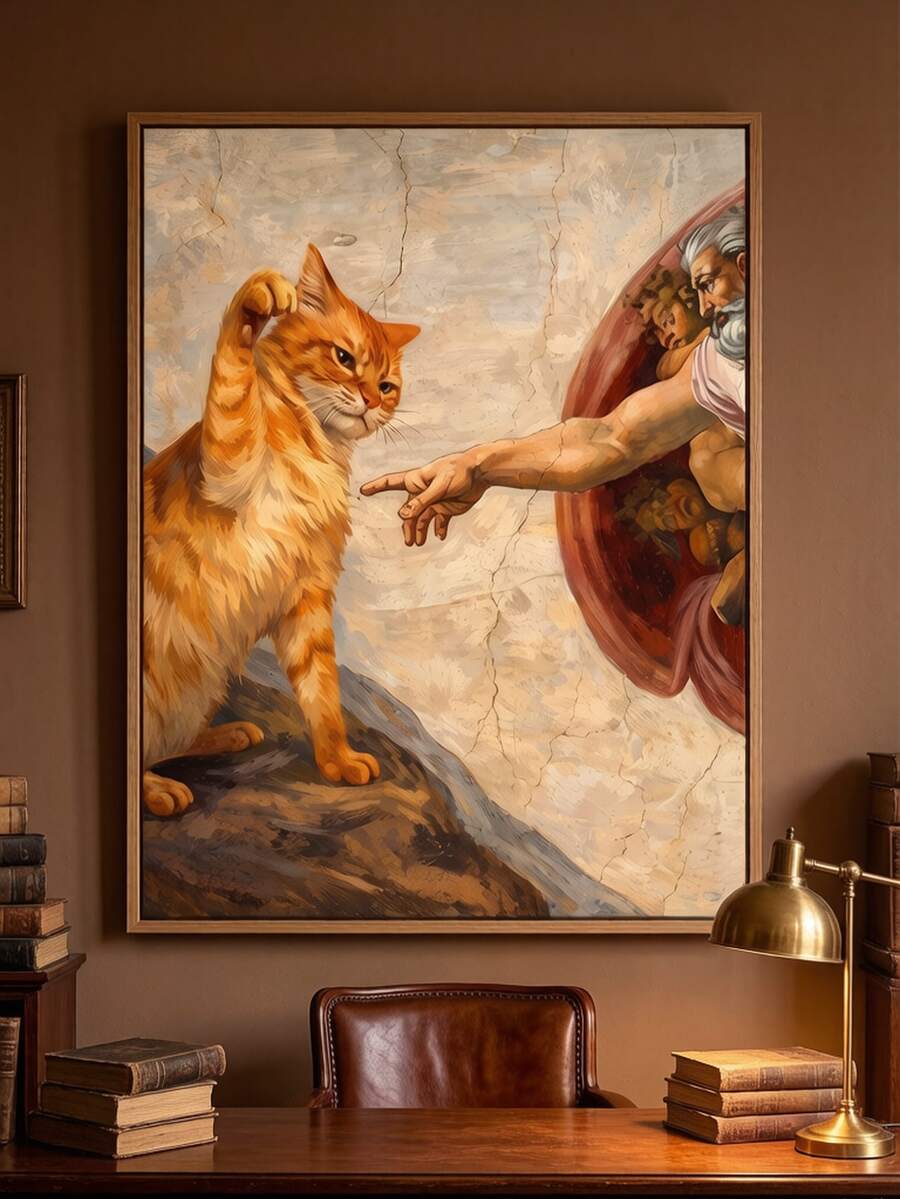 Wood-framed vintage cat canvas print above a desk, showing orange tabby and pointing hand in a cracked Renaissance-inspired mural