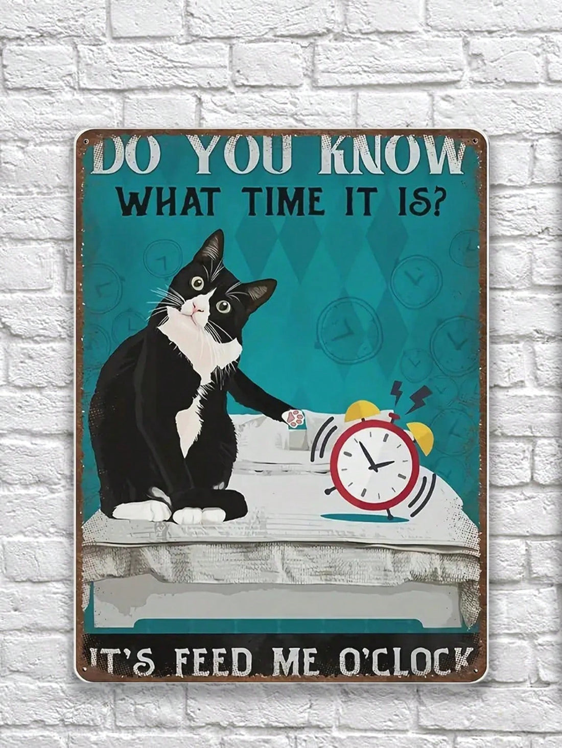 Transform your home and kitchen decor with our Whimsical Vintage Cat Clock Sign! This charming tin wall art features a vintage cat design and quotes 'It's Feed Me O'Clock' for a playful touch. A perfect addition to any cat lover's home, this clock also serves as a reminder for feeding time.