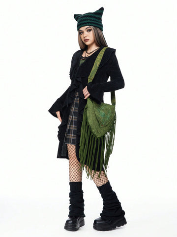 Elevate your festival fashion with our Whimsical Wanderer Fringe Crossbody Bag! Its fairycore meets grunge style is perfect for music festivals. With ample storage space and a funky fringe design, this bag is both stylish and functional. Become the ultimate wanderer with this must-have accessory!