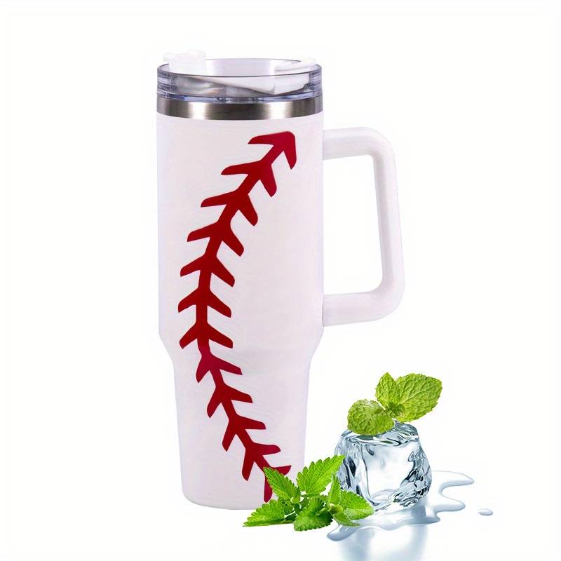 Baseball Stitch - Baseball - White Stainless Steel Water Bottle with Straw