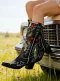 Front view of White Embroidered Chunky Heel Western Boots for Women - Floral Heart Mid-Calf Slip-On Riding Booties for Spring for punk motorcycle boot styling