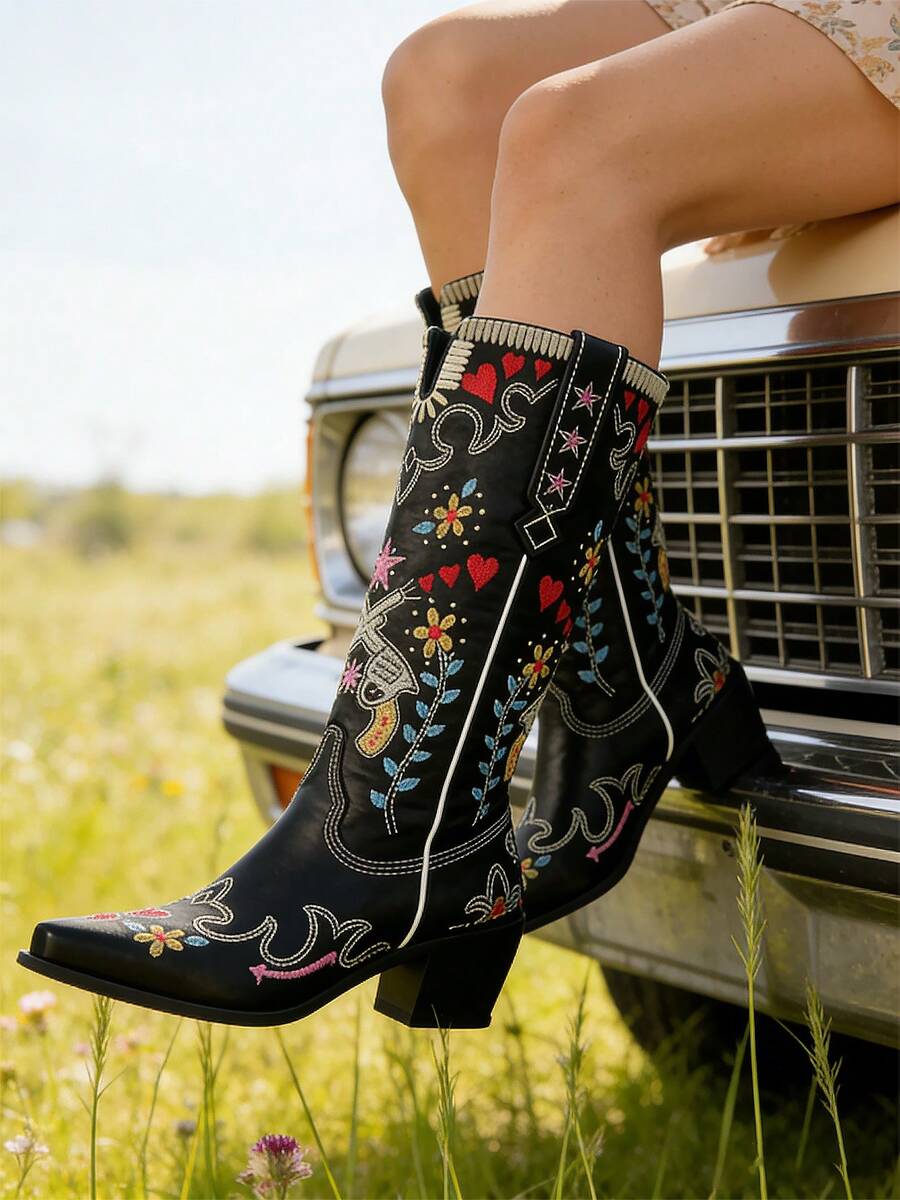Front view of White Embroidered Chunky Heel Western Boots for Women - Floral Heart Mid-Calf Slip-On Riding Booties for Spring for punk motorcycle boot styling