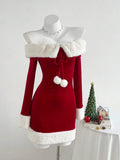 Front view of red off-shoulder bodycon mini dress with white faux fur trim and pom-pom tie