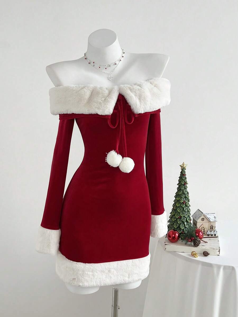 Front view of red off-shoulder bodycon mini dress with white faux fur trim and pom-pom tie