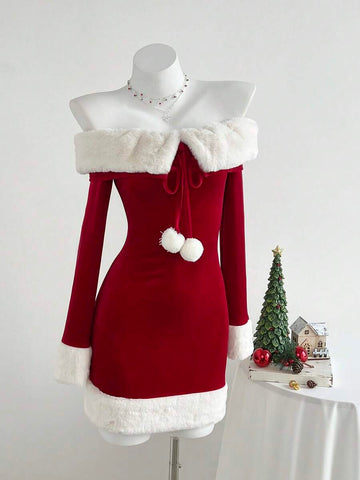 Front view of red off-shoulder bodycon mini dress with white faux fur trim and pom-pom tie
