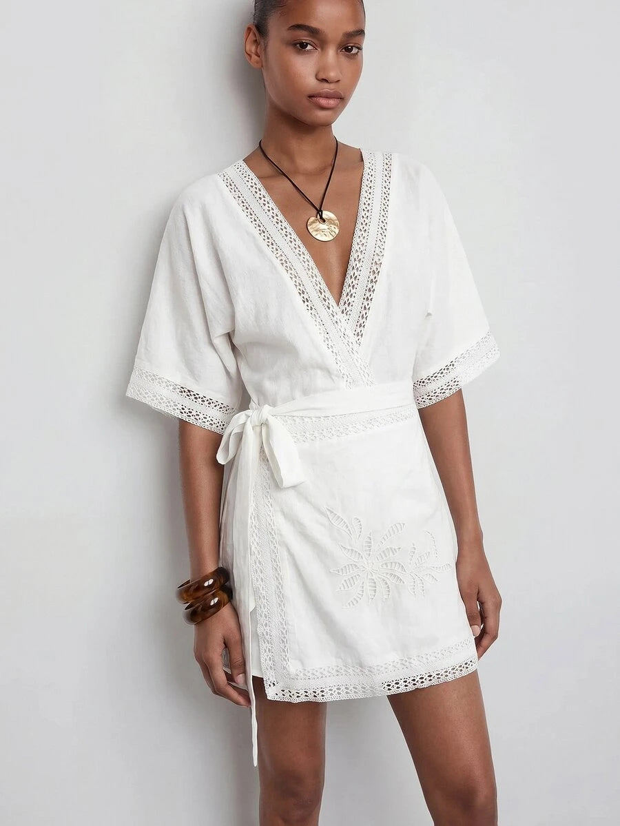 White V Neck Tie Waist Mini Dress with Short Sleeves for Summer Beach Vacations