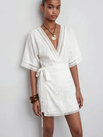 White V Neck Tie Waist Mini Dress with Short Sleeves for Summer Beach Vacations