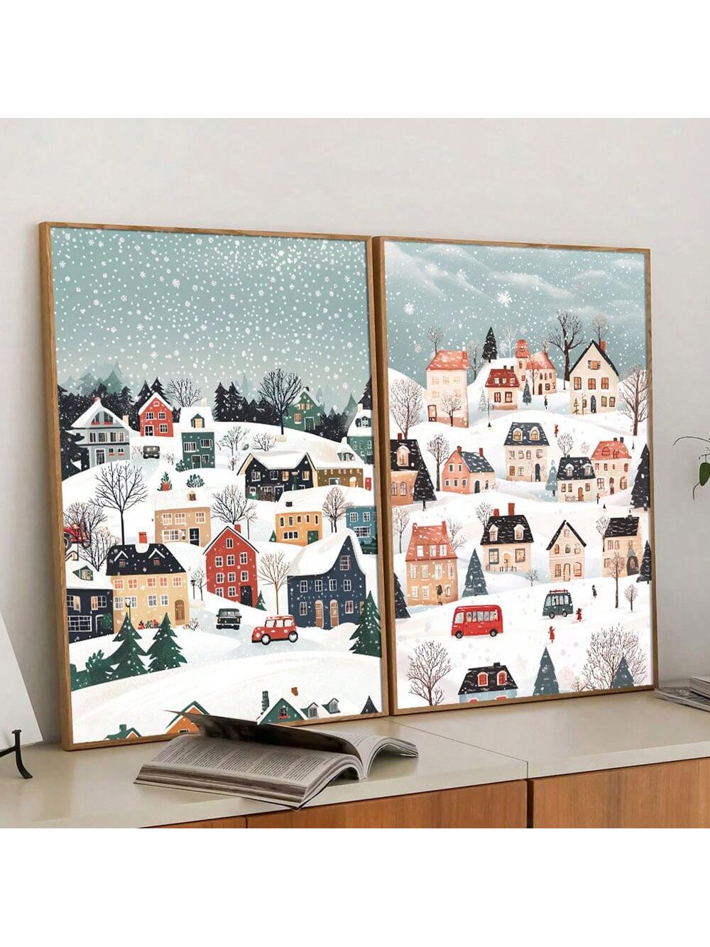 Transform your home into a cozy winter wonderland with Winter Village Bliss, a set of 2 retro snowy landscape posters. These unframed posters will add a touch of nostalgia and warmth to your home decor. Bring the beauty of winter into your space and create a peaceful, inviting atmosphere.