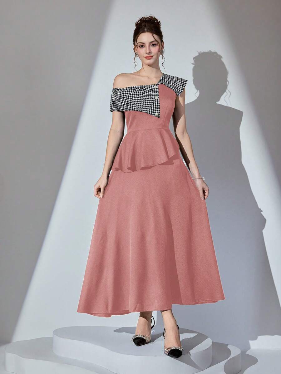 Step into sophistication with this stunning houndstooth pink dress that's anything but ordinary. The asymmetrical collar adds an unexpected twist, while the cinched waist flatters your silhouette and flows into a graceful A-line skirt. Perfect for elevating your everyday style or turning heads at special occasions, this long dress combines timeless houndstooth charm with modern design details. Whether you're dressing up for brunch or an evening out, this piece proves that classic patterns never go out of st