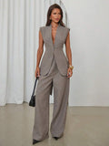 Khaki sleeveless vest pants suit set front view